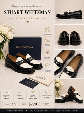 Stuart Weitzman Black and White Two-Tone Leather Penny Loafers